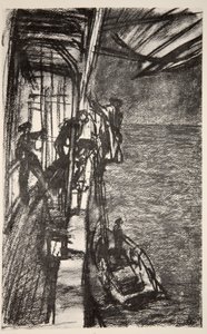Off Havre: tar lotsen ombord på ett sjukhusfartyg, illustration från "The Western Front", utgiven av Country Life Ltd av David Muirhead Bone