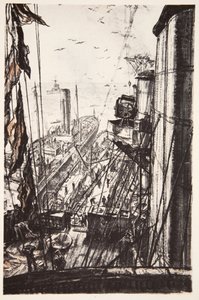"Oiling": ett slagskepp som tar in oljebränsle till havs, illustration från "The Western Front", utgiven av Country Life Ltd av David Muirhead Bone