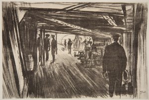 Ombord på en slagkryssare: mellan däcken, illustration från "The Western Front", utgiven av Country Life Ltd av David Muirhead Bone