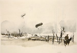 På Somme: Korvballonger, illustration från "The Western Front", utgiven av Country Life Ltd av David Muirhead Bone