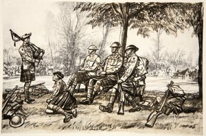 Out of the line, illustration från "The Western Front", utgiven av Country Life Ltd av David Muirhead Bone