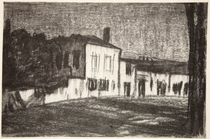 Soldatförläggningar, månsken, illustration från "The Western Front", utgiven av Country Life Ltd av David Muirhead Bone
