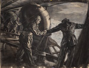 Studie för minläggning av vinterminor utanför Island, ca 1942 (kol och färgkrita på papper) av David Muirhead Bone