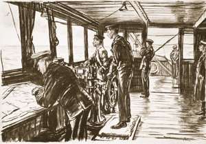 Bryggan på ett handelsfartyg till sjöss, illustration från "The Western Front", utgiven av Country Life Ltd av David Muirhead Bone