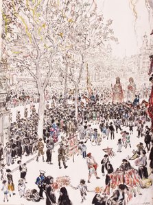 Stadens och jättarnas flagga, Corpus Christi-processionen, Ramblas, Barcelona, 8 juni av David Muirhead Bone