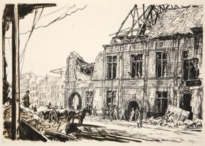 Rådhuset i Peronne, illustration från "The Western Front", utgiven av Country Life Ltd av David Muirhead Bone