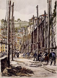 Tunnfiskarna, Cudillero, Asturiens kust av David Muirhead Bone