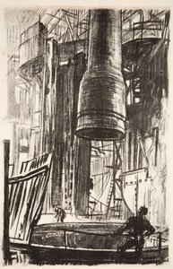 Kanongropen: en kanonmantel som går in i oljetanken, illustration från "The Western Front", utgiven av Country Life Ltd av David Muirhead Bone