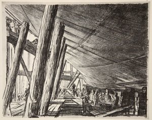 Under ett fartyg, illustration från "The Western Front", utgiven av Country Life Ltd av David Muirhead Bone