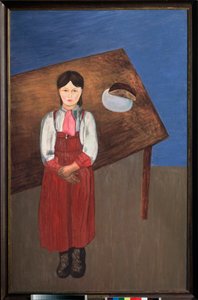 Aniska. (porträtt av en melankolisk liten flicka framför ett bord). Målning av David Petrovich Sterenberg (1881-1948), olja på duk