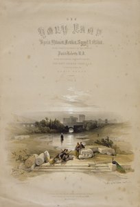Baalbec från fontänen, 7 maj 1839, titelsida för volym II av "Det heliga landet", graverad av puben Louis Haghe (1806-85). 1843 av David Roberts