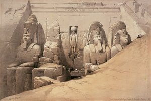 Främre höjd av Aboo Simbels stora tempel, Nubia, från "Egypten och Nubia", litografi av Louis Haghe, 1849