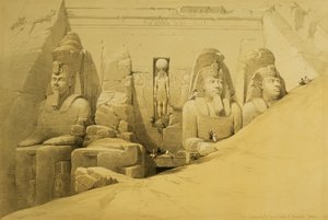 Främre höjd av Aboo Simbels stora tempel, Nubia, skylt 44 från volym II av "Egypten och Nubia", graverad av puben Louis Haghe (1806-85). 1849