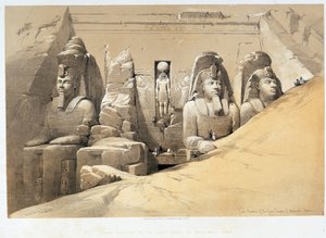 Framifrån av det stora templet Aboo Simbel (Abu Simbel, Abu eller Abu Simbel), Nubia (Nubia) i "" Det heliga landet", London 1849 av David Roberts