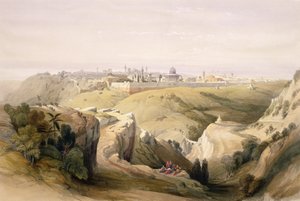 Jerusalem från Oljeberget, 8 april 1839, skylt 6 från volym I av "Det heliga landet" graverad av puben Louis Haghe (1806-85). 1842 av David Roberts