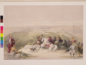 Sabaste, forntida Samaria, 17 april 1839, skylt 44 från volym I av "Det heliga landet", graverad av puben Louis Haghe (1806-85). 1842 av David Roberts