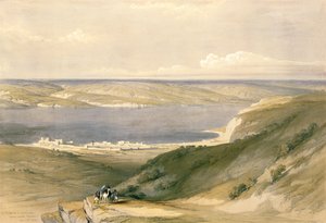 Genesaret sjö eller Genesaret, med utsikt mot Bashan, 21 april 1839, skylt 36 från volym I av "Det heliga landet", graverad av puben Louis Haghe (1806-85). 1842 av David Roberts