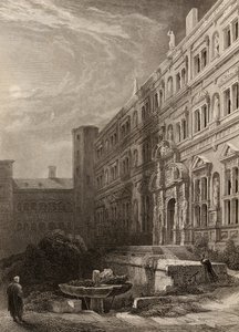 Den stora domstolen i Heidelberg, graverad av H. Winkles, illustration från 