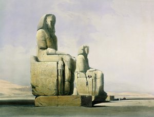 Thebe, 4 december 1838, detalj av Memnons kolosser, plåt 12 från volym I av Egypten och Nubien, graverad av Louis Haghe 1806-85 pub. 1846 litho detalj av 67033