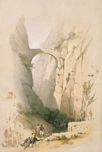 Triumfbåge som korsar ravinen som leder till Petra, skylt 95 från volym III av "Det heliga landet", graverad av puben Louis Haghe (1806-85). 1849 av David Roberts