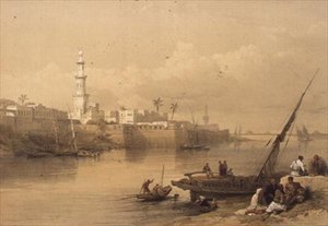 Utsikt över Nilen, färja till Giza, från "Egypten och Nubia", Vol.3 (litho) av David Roberts
