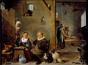 Ett destilleri med en äldre man som köper gin av en kvinna, c1640-1649