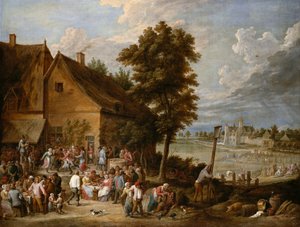 En festmåltid vid skördetid, med huset Drij Toren i bakgrunden av David Teniers the Younger