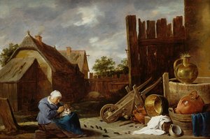 En katt som sköts av en gammal kvinna av David Teniers the Younger