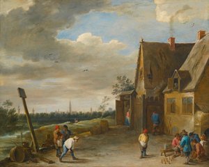 Nine-pins-spel med utsikt över Antwerpen av David Teniers the Younger