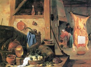 Köksinredning med stilleben och slaktad oxe av David Teniers the Younger