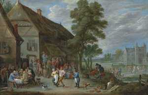 Bönder dansar utanför ett värdshus i Perck, med Kasteel de Drij Toren bortom av David Teniers the Younger
