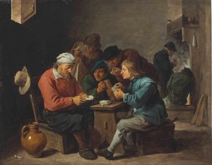 Bönder som spelar kort i en interiör av David Teniers the Younger