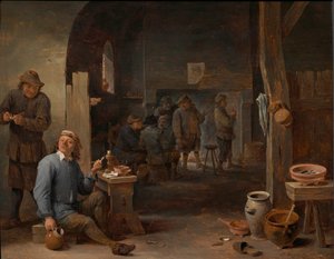 Interiör av ett värdshus med bönder som röker vid ett bord och samtalar framför en eld av David Teniers the Younger