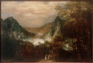 Bergsflodlandskap med eleganta figurer av David Vinckeboons