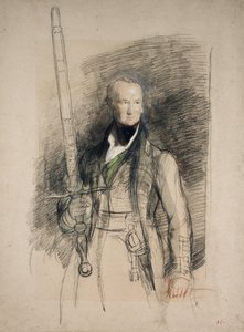The Earl of Morton bär statens svärd, 1824 (svart och röd krita med wc och kroppsfärg på gråaktigt papper)