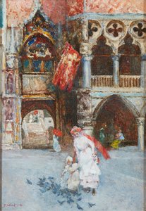 Mata duvorna, Markusplatsen, Venedig (olja på kartong)