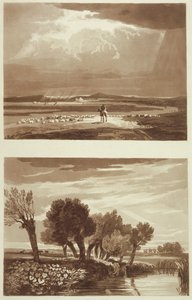 An Effect after a storm... and Transient Effect, View in Battersea Marsh, illustrationer från A Treatise on Landscape and Effect in Water Colours, 1841 (akvatint) av David after Cox