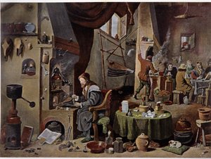 Ett alkemistlaboratorium på 1600-talet - enligt målningen av David Téniers den yngre