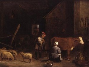 En herdepojke pratar med en mjölkpiga i en ladugård av David Teniers the Younger