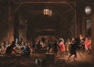 Vaktrum med apor, ca 1633 (olja på pannå)