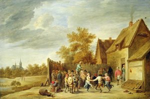 Bönder som dansar utanför ett värdshus (olja på duk) av David Teniers the Younger