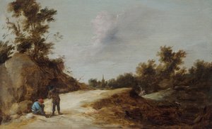 Bönder vilar på en stig i ett stenigt skogslandskap av David Teniers the Younger