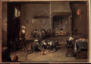Apor i köket. Målning av David Teniers den yngre (1610-1690). Olja på duk, 36 x 50,5 cm, ca 1640. Flamländsk konst, barockkonst. Eremitagemuseet, Sankt Petersburg. av David Teniers the Younger