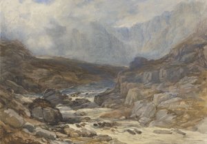 Walesisk bergsscen med Torrential River (akvarell med kroppsfärg och svart krita på papper)