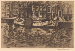 Kanal med förtöjd segelbåt av David van Hessen (signed by artist)