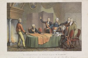Accepterande av det höga styret av triumviratet i prinsen av Oranges namn, den 21 november 1813 Återställ en holländsk regering till Nederländerna. (20 november 1813) (titel på objekt)