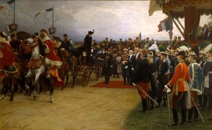 President Emile Loubet hälsar tsar Nicolas II och tsarina Alexandra välkomna till manövrarna i Betheny, av Dawant