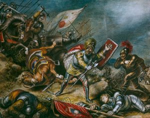 En målning föreställer Richard III som strider till fots på Bosworth Field. Konstverk.