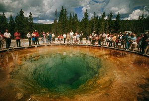 Parkbesökare samlas runt en blågrön, blomformad termisk pool. Yellowstone nationalpark...