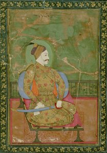 58.2025A Porträtt av Sultan Abdullah Qutb Shah sittande, Golconda, 1670, (gouache på papper med guld- och blommönstrad guldmönstrad kant)